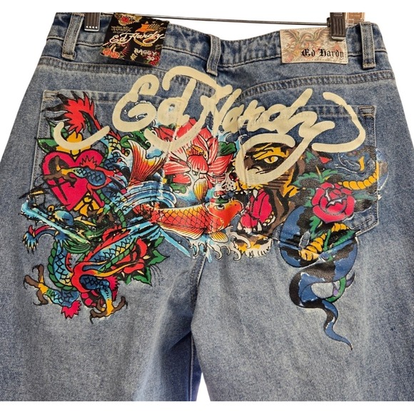 Ed Hardy Denim - Ed Hardy Y2K NWT Tiger Koi Dragon Heart Wide Leg Baggy Jeans Retail $199 Size 30